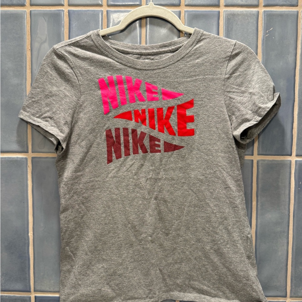 Nike Gray Tee with Pink, Red & Maroon Stacked Logos